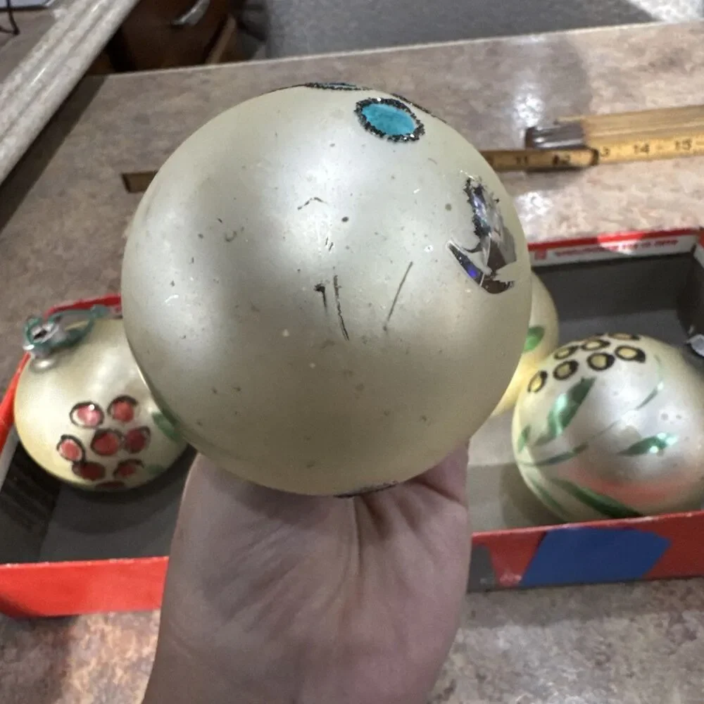5 Vintage Christmas Ornaments Painted Floral Design Jumbo Balls West Germany
